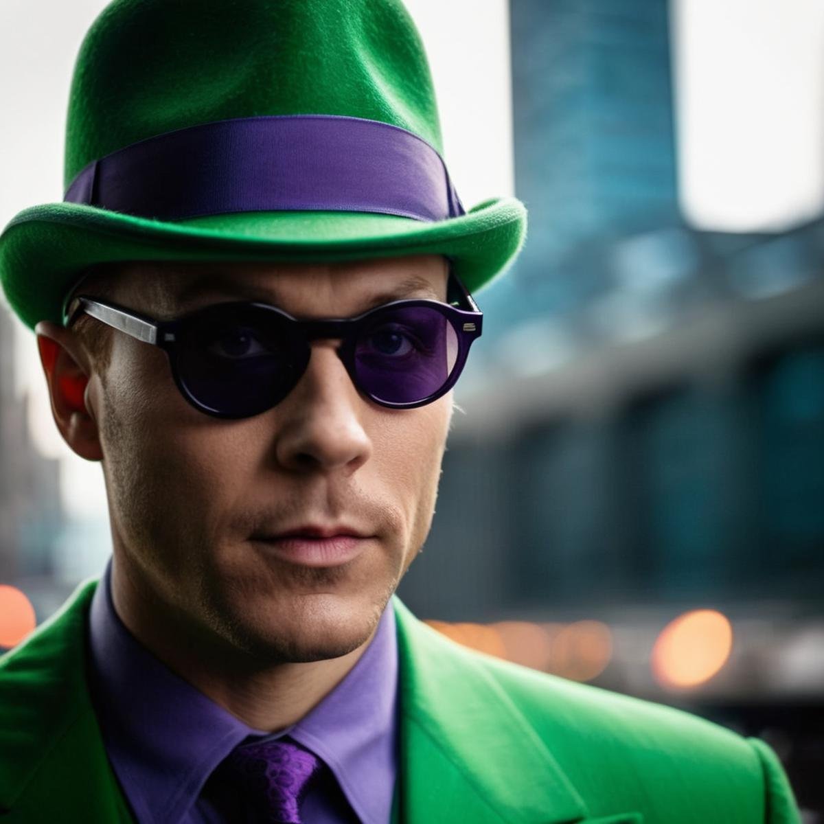 cinematic film still of Riddler a man in a green hat and sunglasses in Gotham city universe,  shallow depth of field,  vig...