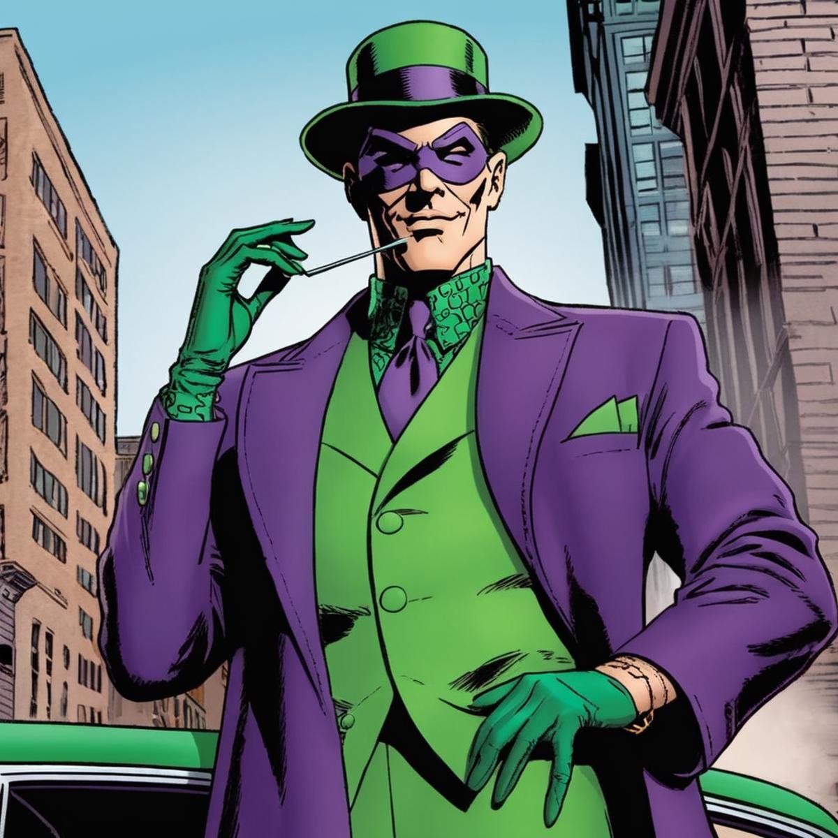 comic book art of Riddler a man with a hat and sunglasses on in Gotham city universe,  comic art,  graphic novel illustrat...