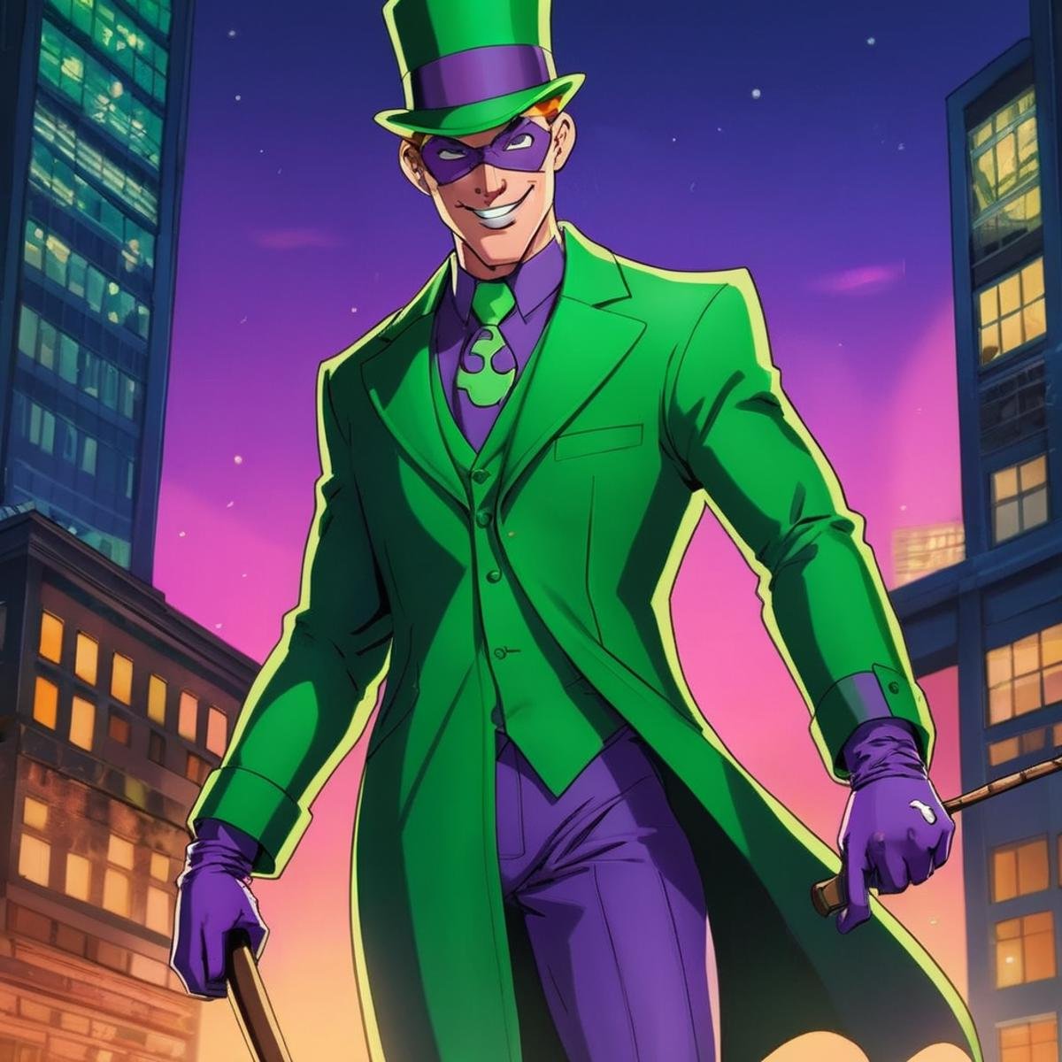 anime artwork of Riddler a cartoon character dressed in a green suit and holding a stick in Gotham city universe,  anime s...