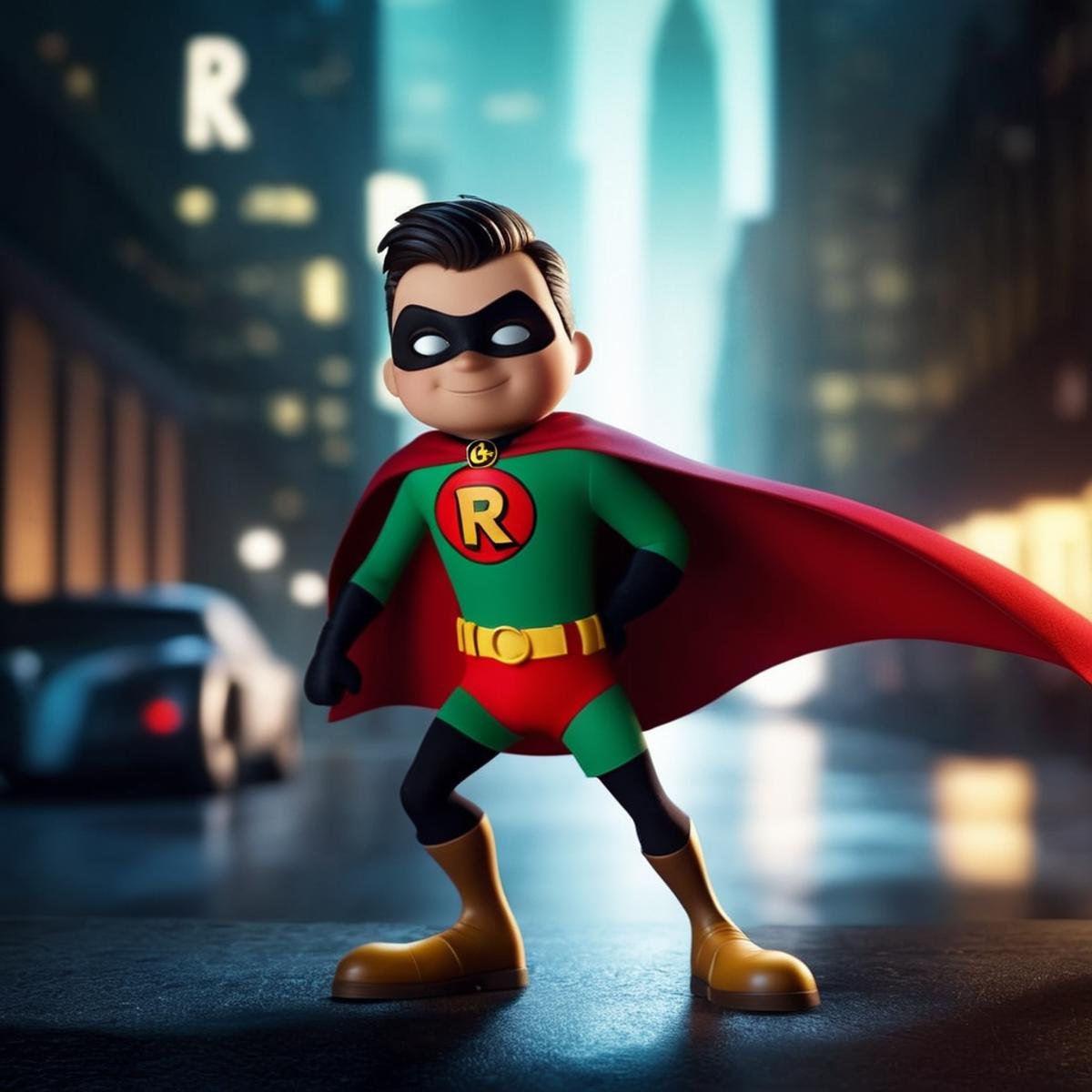 cinematic film still of Robin a cartoon of a man with a cape with letter R logo in Gotham city universe,  shallow depth of...