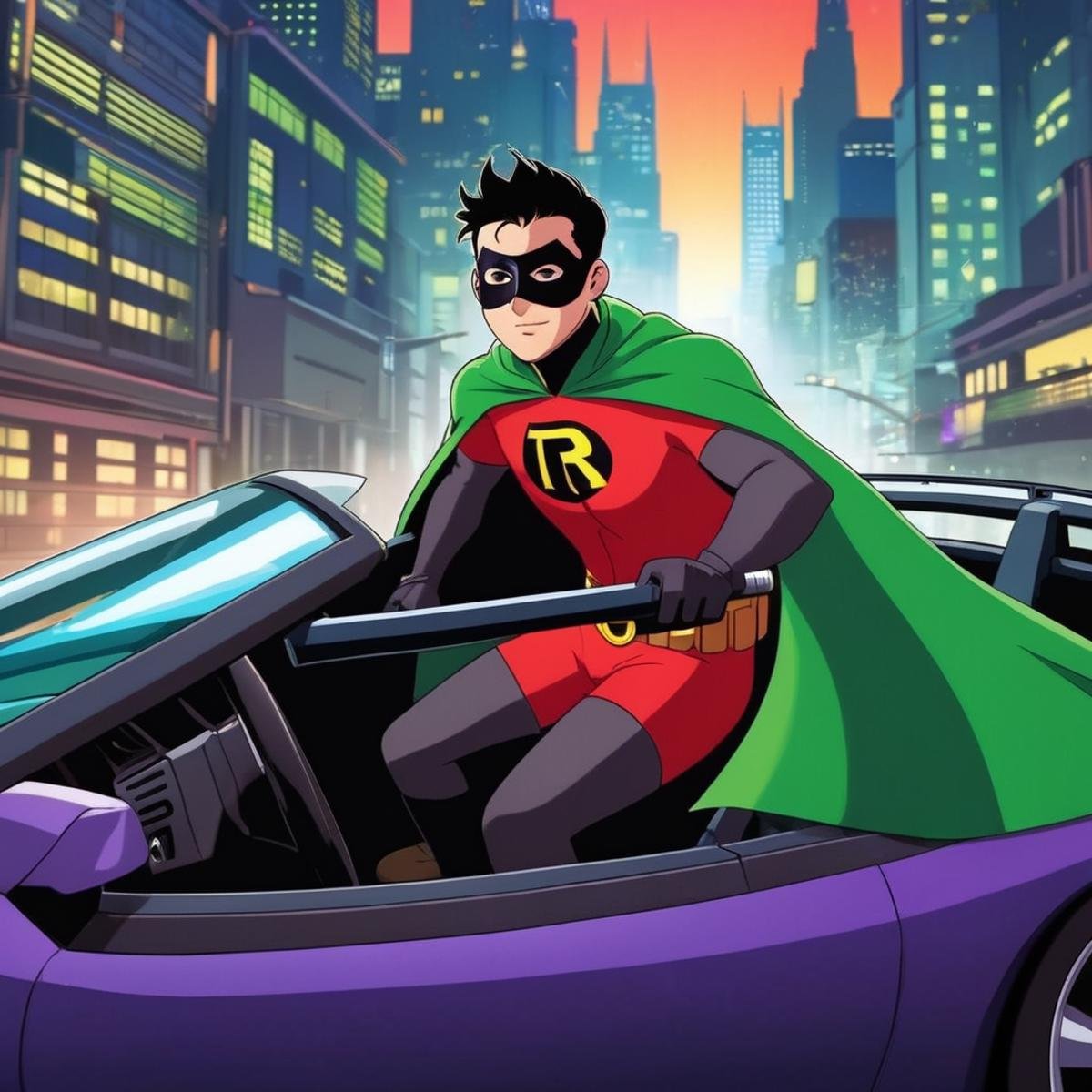 anime artwork of Robin a cartoon character with a black mask and a green cape driving a car in Gotham city universe,  anim...