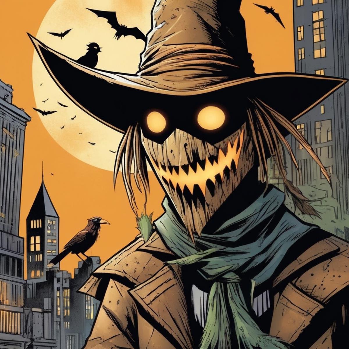 comic book art of Scarecrow a drawing of a scare with a hat and a bird in Gotham city universe,  comic art,  graphic novel...