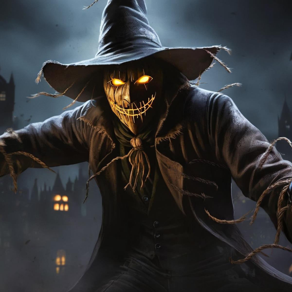 concept art of Scarecrow a demonic looking man with glowing eyes and a dark background in Gotham city universe,  digital a...