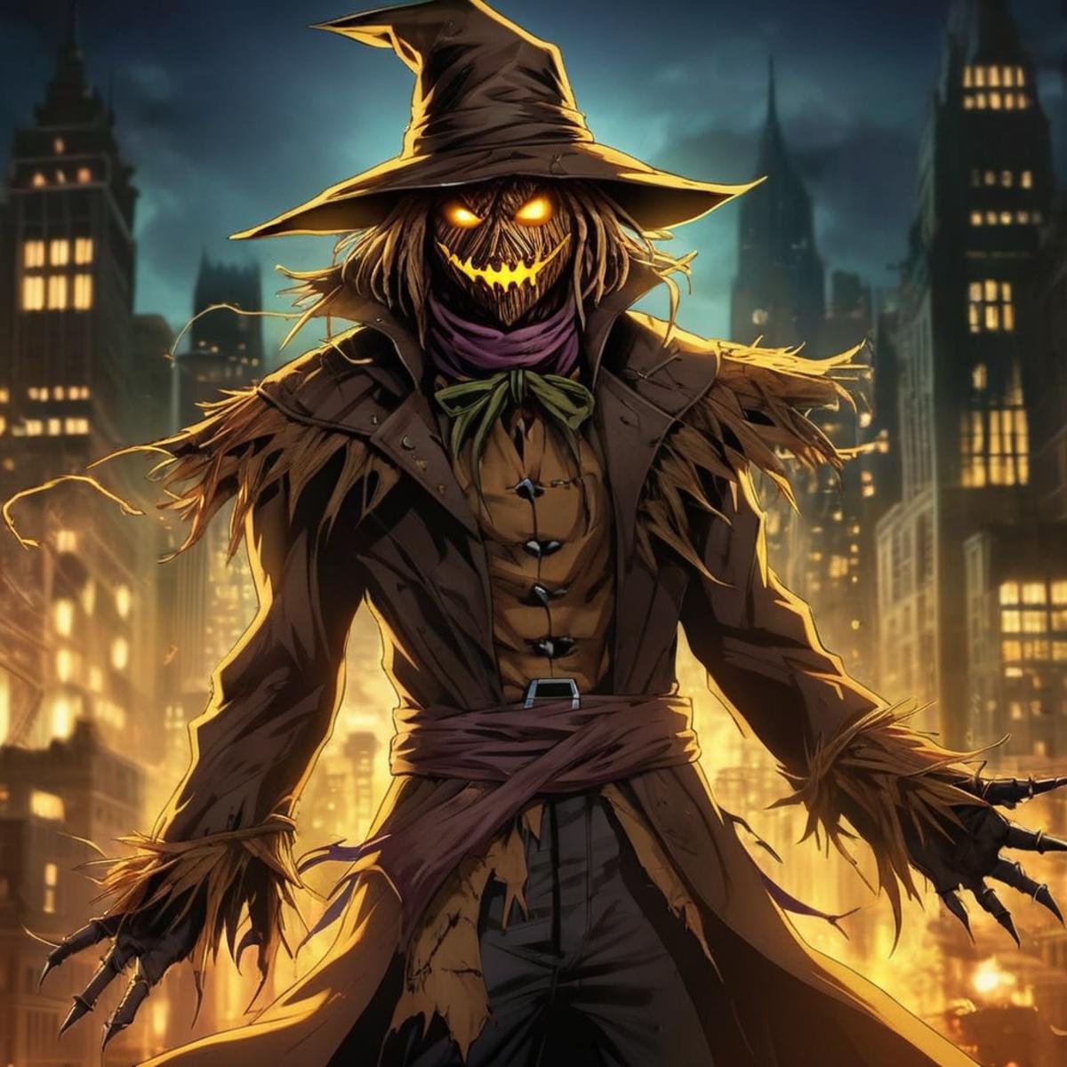 anime artwork of Scarecrow a demonic looking creature with glowing eyes in Gotham city universe,  anime style,  key visual...