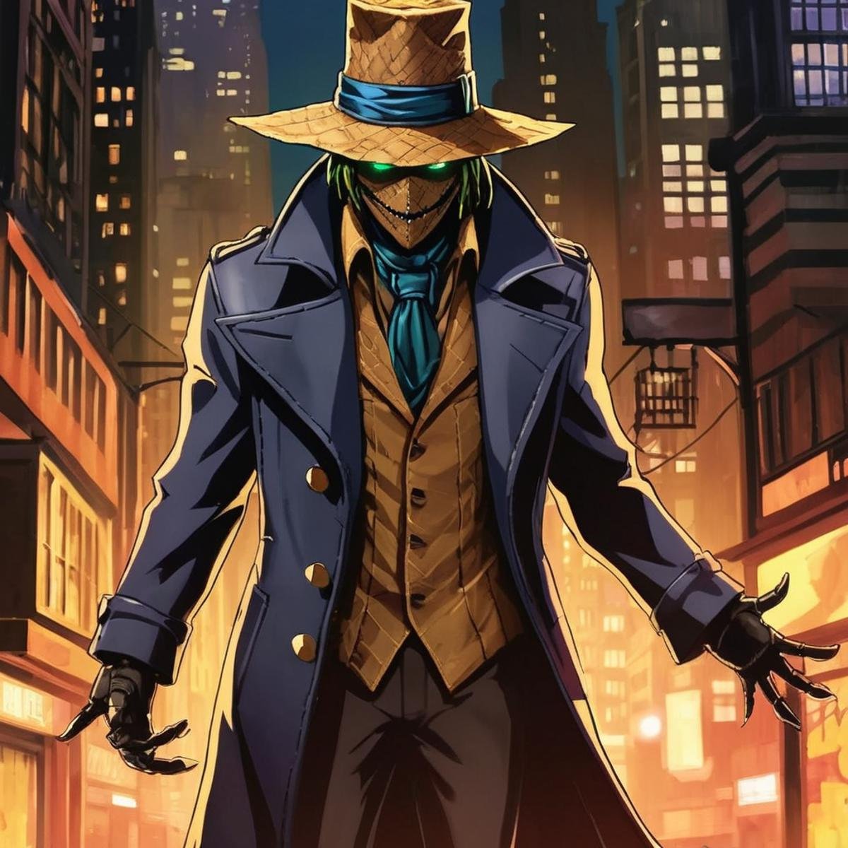 anime artwork of Scarecrow a painting of a man with a hat and a long coat in Gotham city universe,  anime style,  key visu...