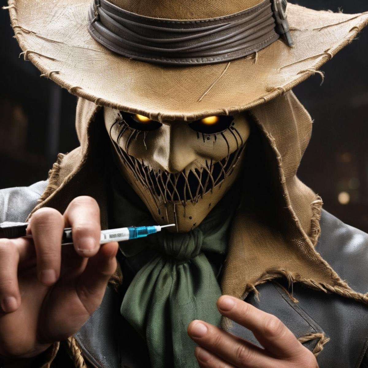Hyperrealistic art of Scarecrow a man with a hat and a five perfect syringe fingers in his hand in Gotham city universe,...