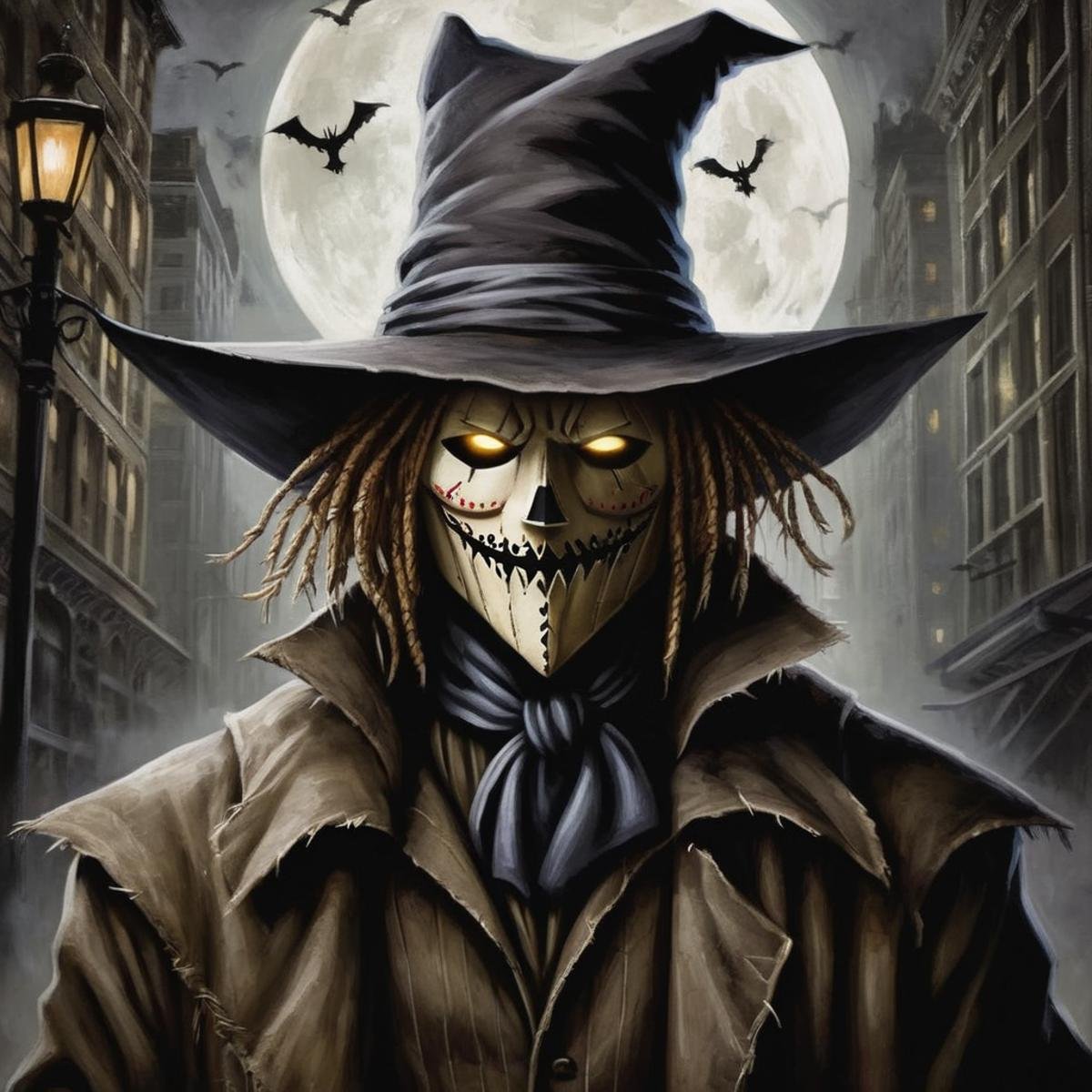 Gothic style,  Scarecrow a painting of a man with a hat and a long coat in Gotham city universe with perfect hands,  Dark...
