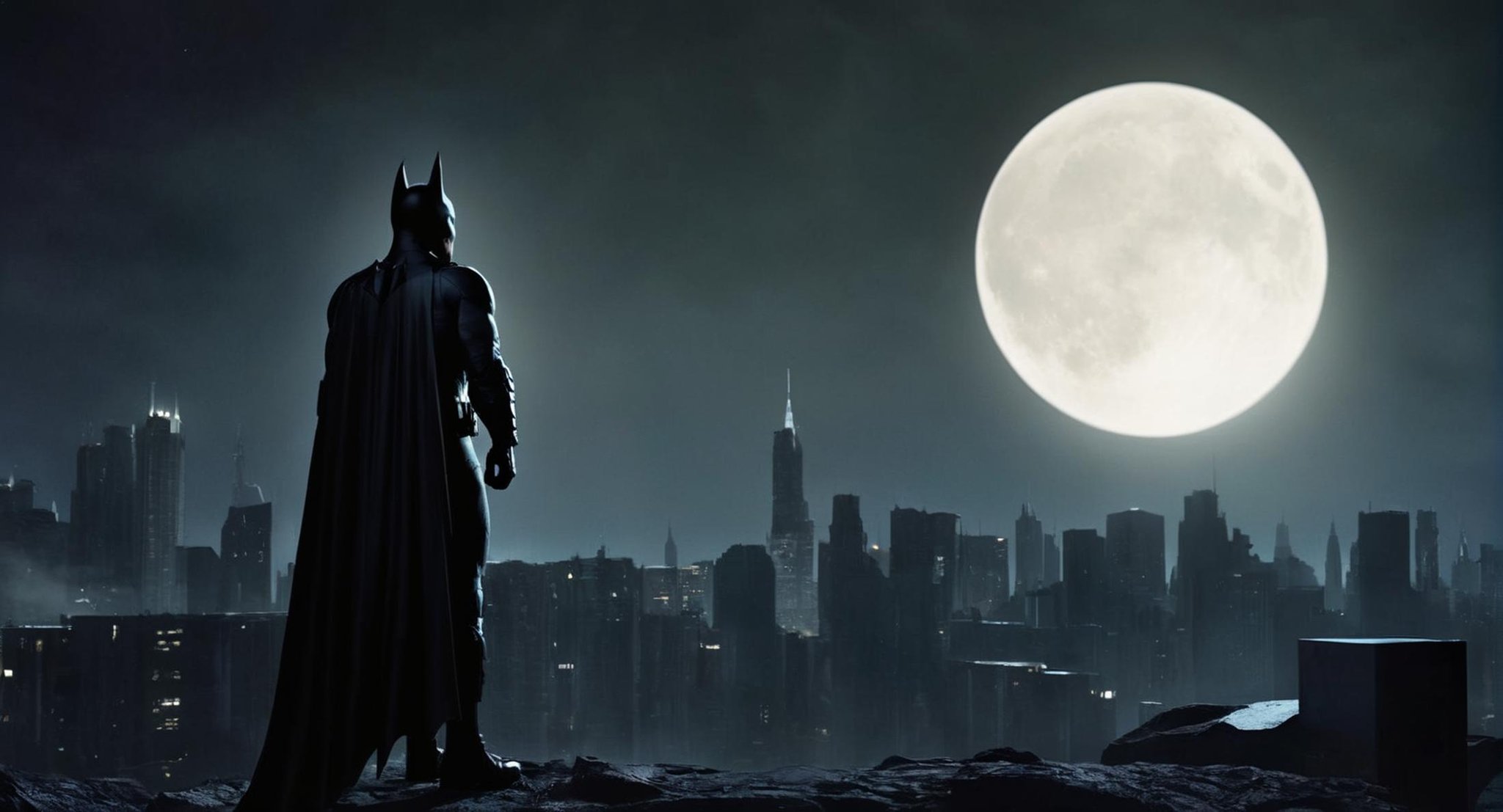 concept art of  Cinematic Film stock footage in (arri alexa style) Kodak film print,  <lora:Batman Beyond:1> Batman Beyond a man in a stealth dark batman costume standing in front of a full moon, digital artwork, illustrative, painterly, matte painting, highly detailed