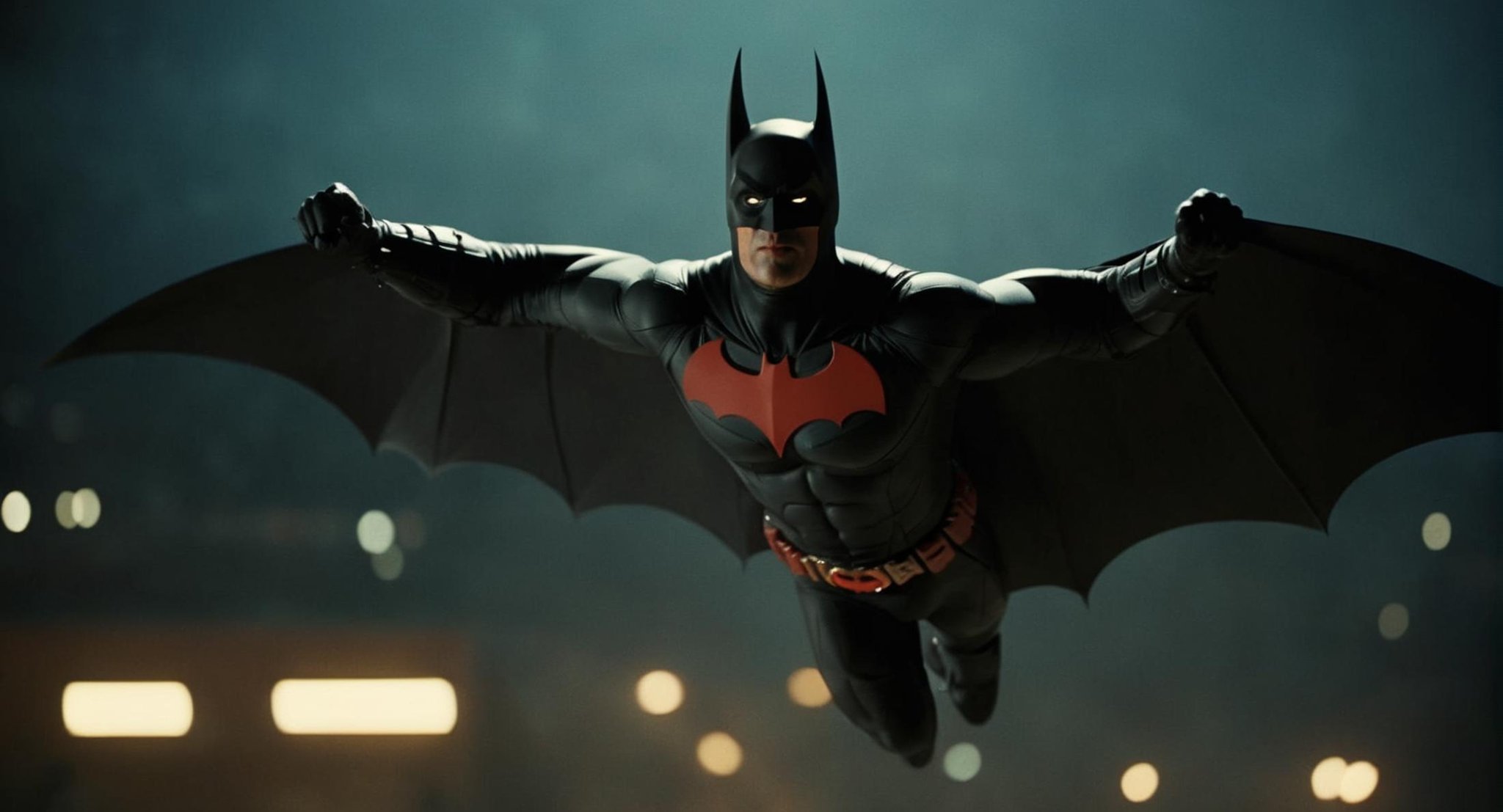 cinematic film still of  Cinematic Film stock footage in (arri alexa style) Kodak film print,  <lora:Batman Beyond:1> Batman Beyond a batman flying through the air with a bat wing, shallow depth of field, vignette, highly detailed, high budget, bokeh, cinemascope, moody, epic, gorgeous, film grain, grainy