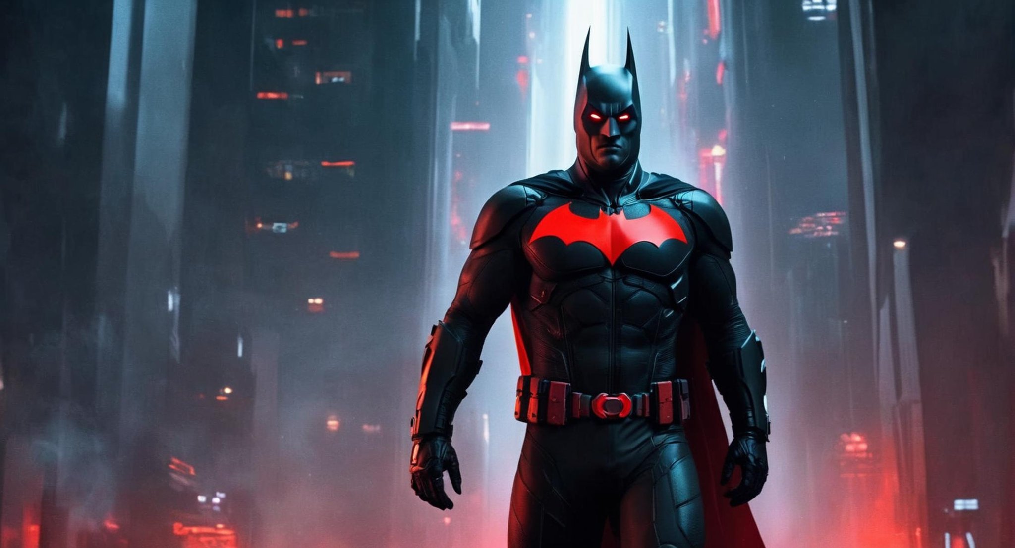 concept art of  Cinematic Film stock footage in (arri alexa style) Kodak film print,  <lora:Batman Beyond:1> Batman Beyond a man in a futuristic black suit with a red cape, digital artwork, illustrative, painterly, matte painting, highly detailed