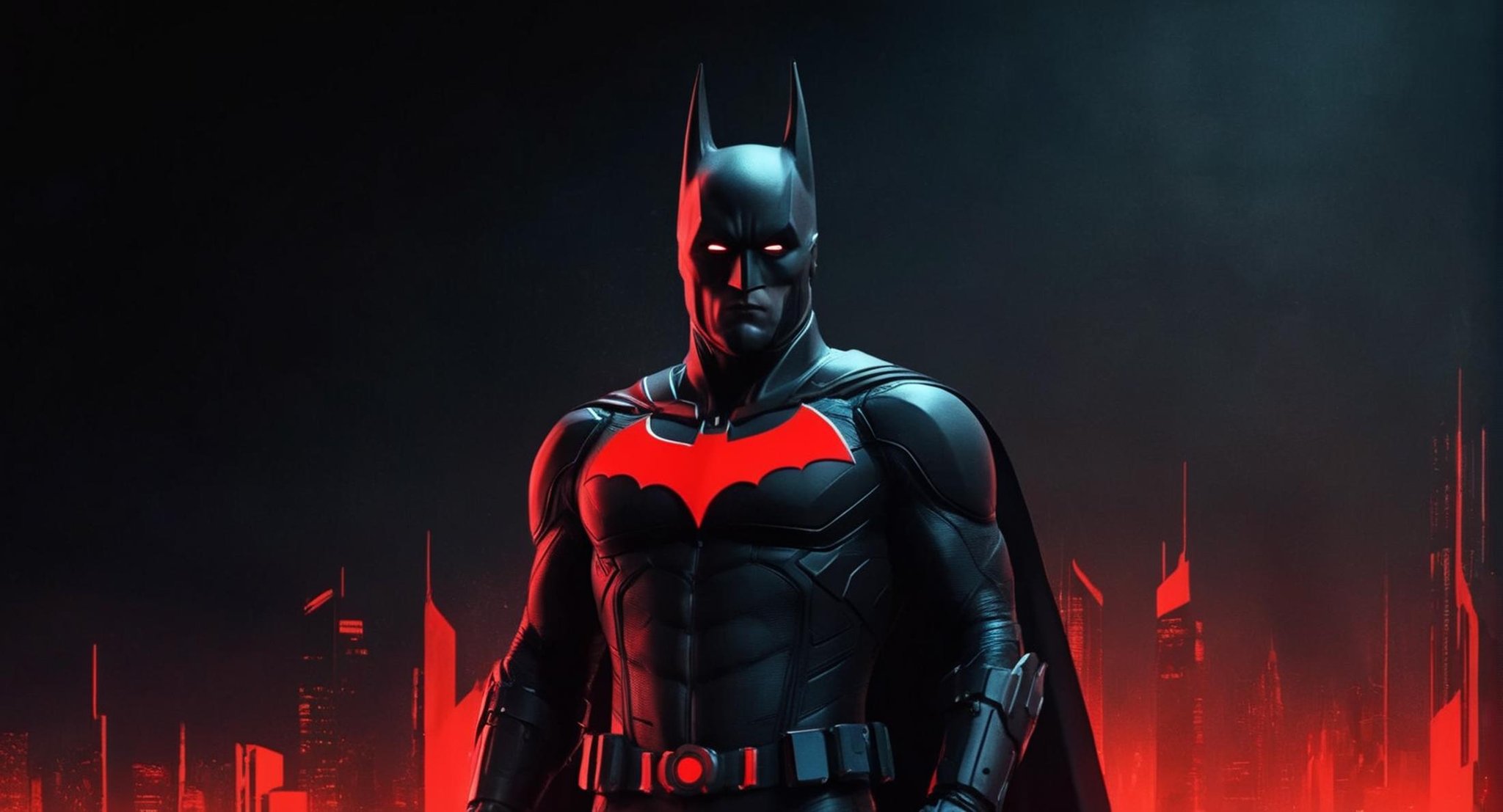 concept art of  Cinematic Film stock footage in (arri alexa style) Kodak film print,  <lora:Batman Beyond:1> Batman Beyond a man in a futuristic red costume standing in front of a black background, digital artwork, illustrative, painterly, matte painting, highly detailed