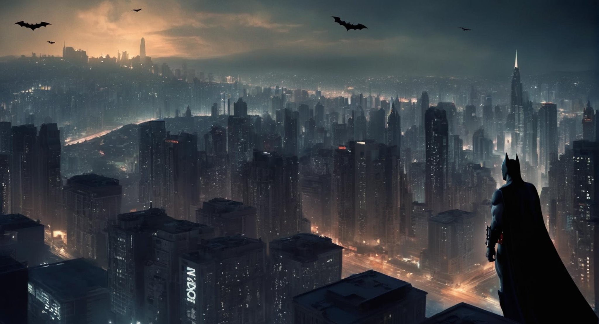 concept art of  Cinematic Film stock footage in (arri alexa style) Kodak film print,  <lora:Batman Beyond:1> Batman Beyond a batman flying over a city at night, digital artwork, illustrative, painterly, matte painting, highly detailed