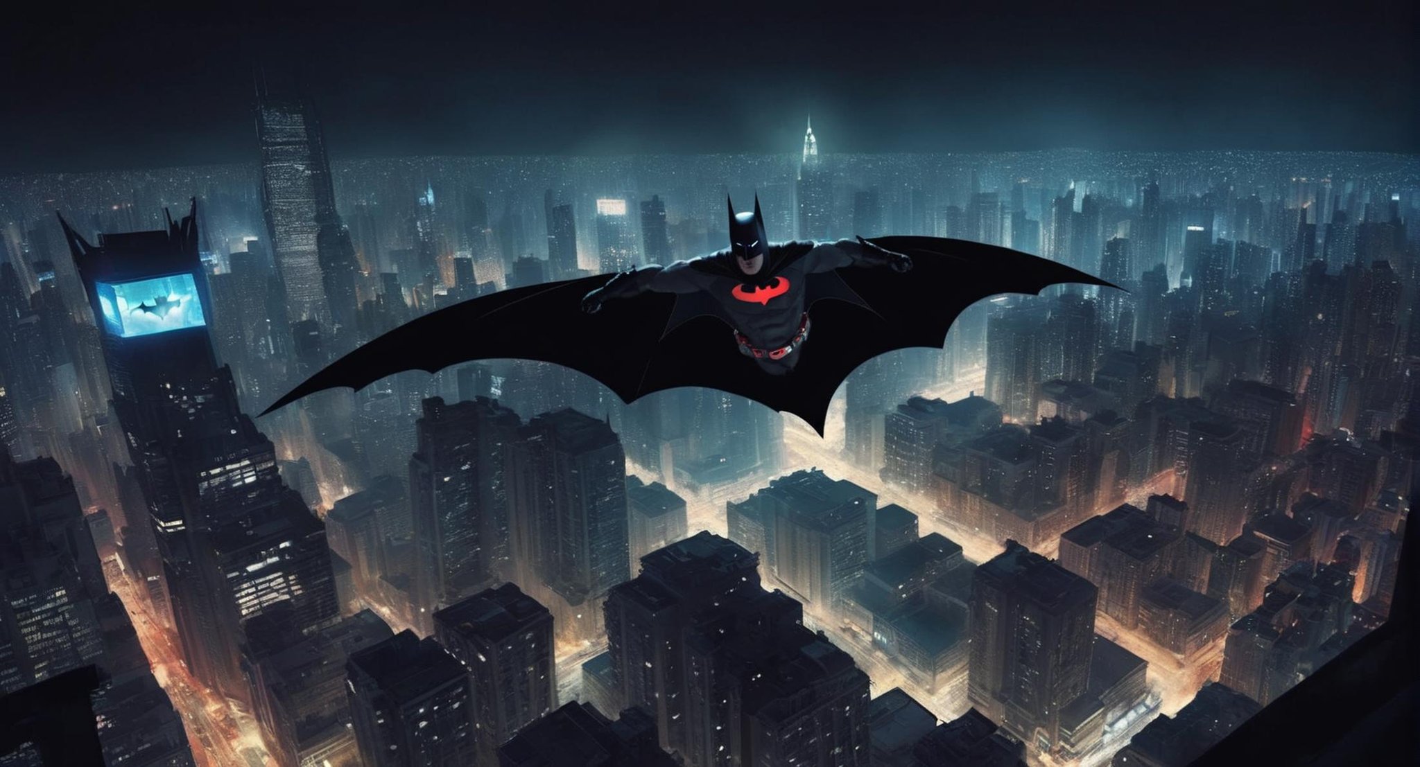 concept art of  Cinematic Film stock footage in (arri alexa style) Kodak film print,  <lora:Batman Beyond:1> Batman Beyond a batman flying over a city at night, digital artwork, illustrative, painterly, matte painting, highly detailed