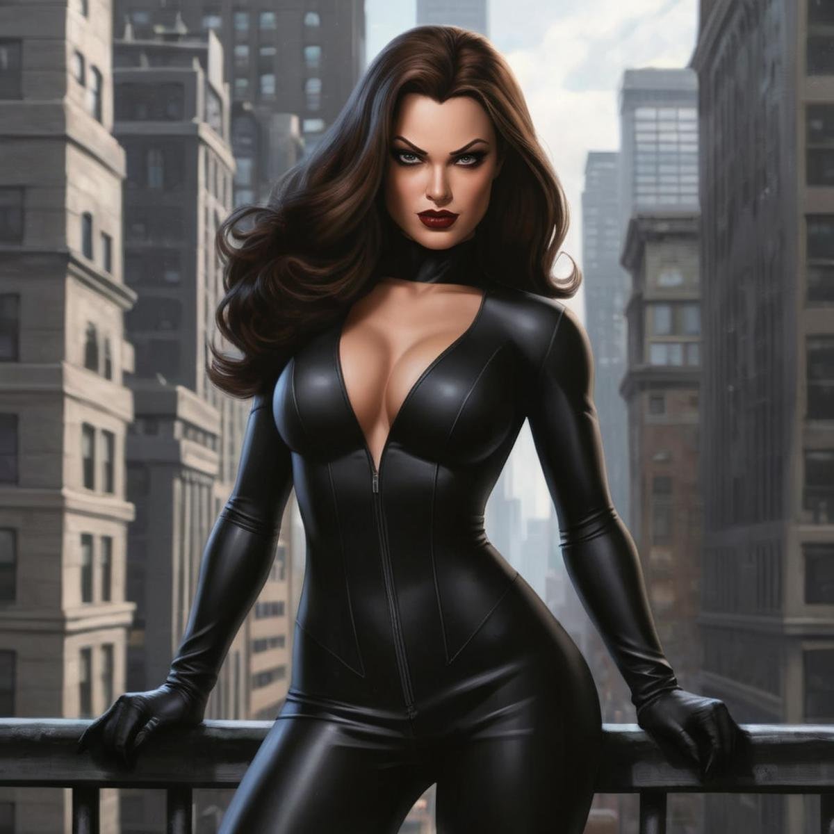 Hyperrealistic art of Talia al Ghul a cartoon of a woman in a black outfit in Gotham city ,  Extremely high-resolution det...