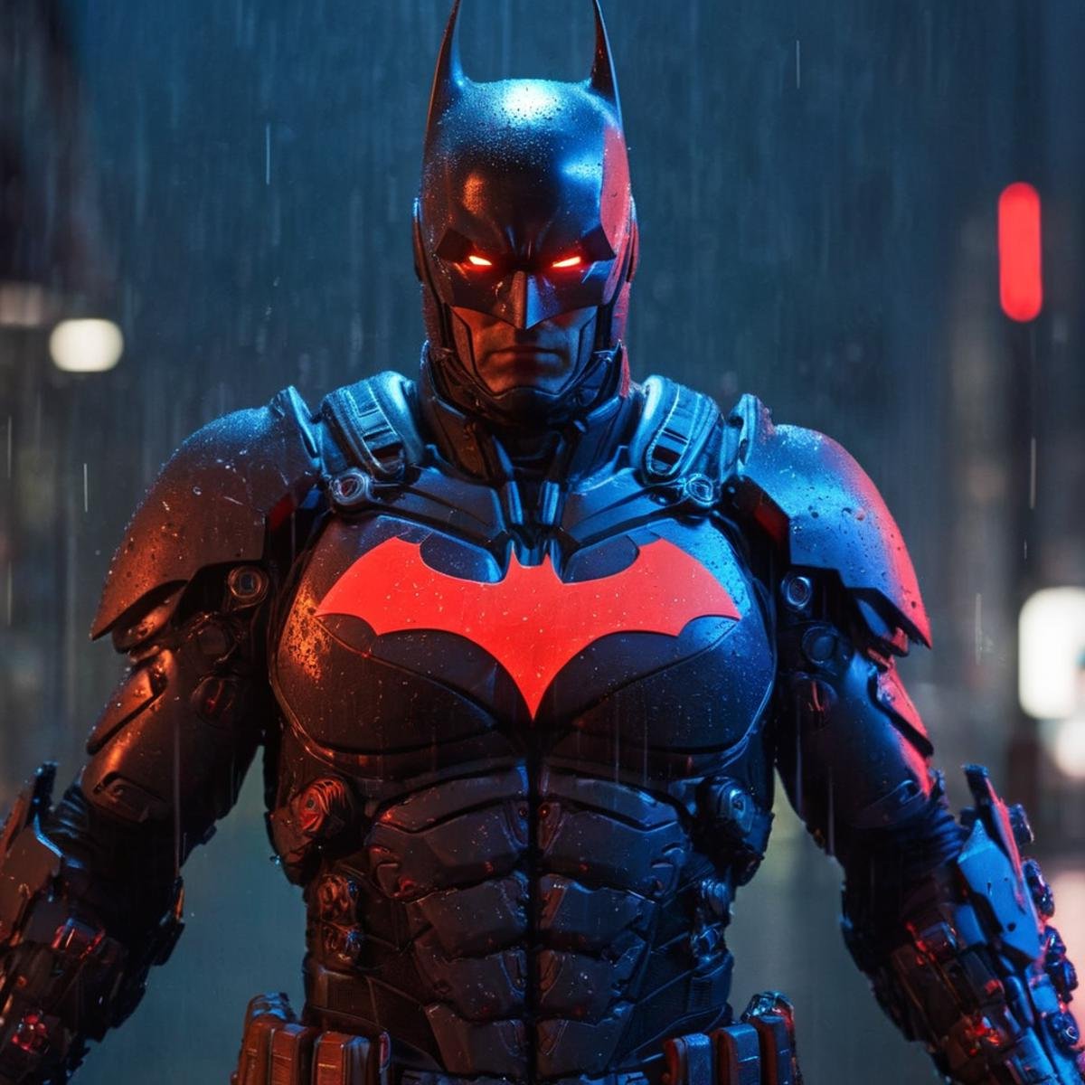 professional 3d model of  <lora:batman cyborg:1>batman cyborg a man in a cyborg exoskeleton costume standing in the rain with glowing red eyes in the year 2042, octane render, highly detailed, volumetric, dramatic lighting