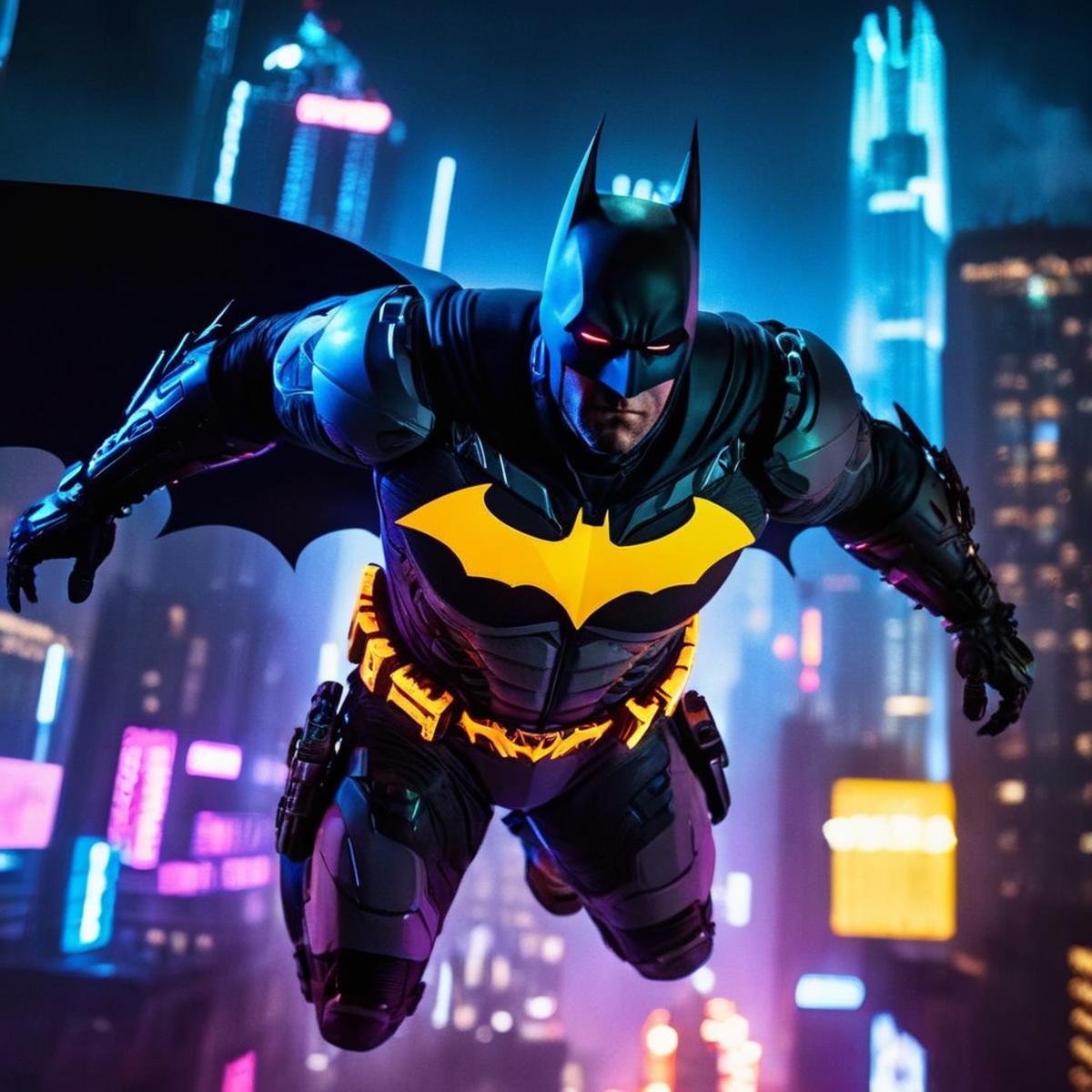 cyberpunk style,  <lora:batman cyborg:1>batman cyborg a batman cyborg exoskeleton flying over Gotham city at night in the year 2042, neon, dystopian, futuristic, digital, vibrant, detailed, high contrast, reminiscent of cyberpunk genre