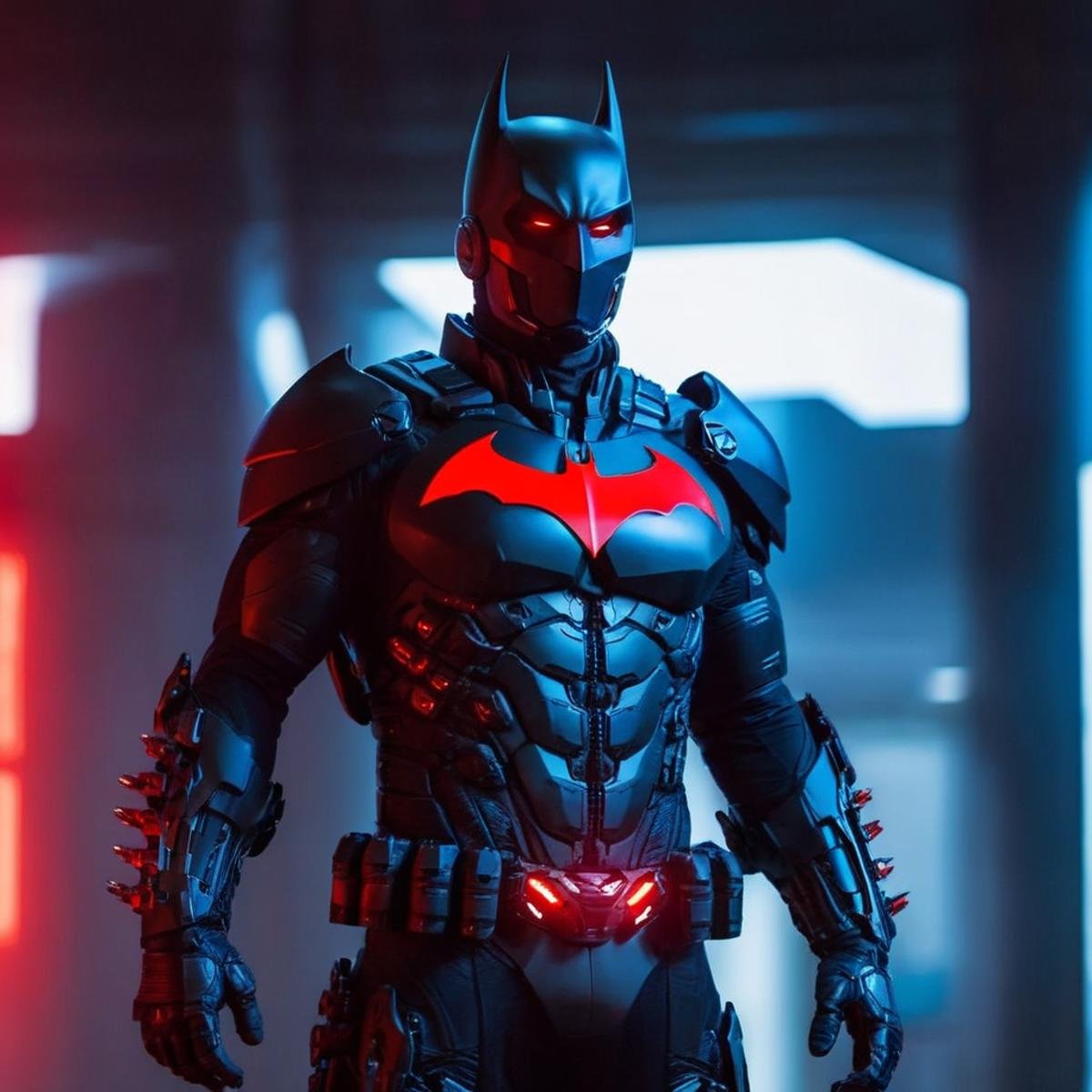 futuristic style,  <lora:batman cyborg:1>batman cyborg a man in a black cyborg exoskeleton costume with a red terminator machine eyes on in the year 2042, sleek, modern, ultramodern, high tech, detailed