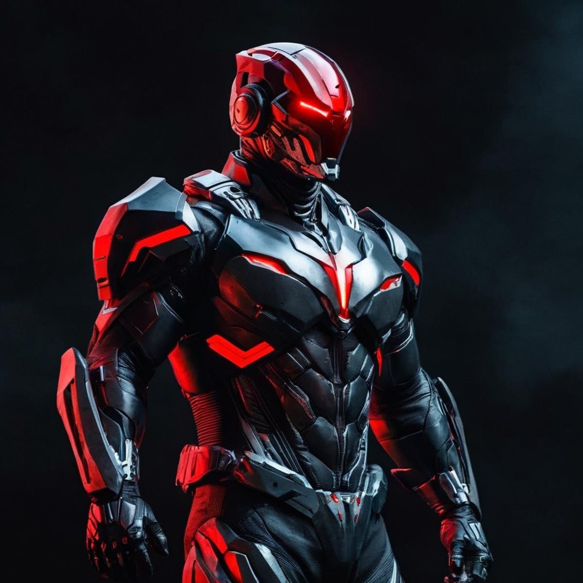 <lora:batman cyborg:1>batman cyborg a man in a futuristic red and black cyborg costume standing in front of a black background in the year 2042