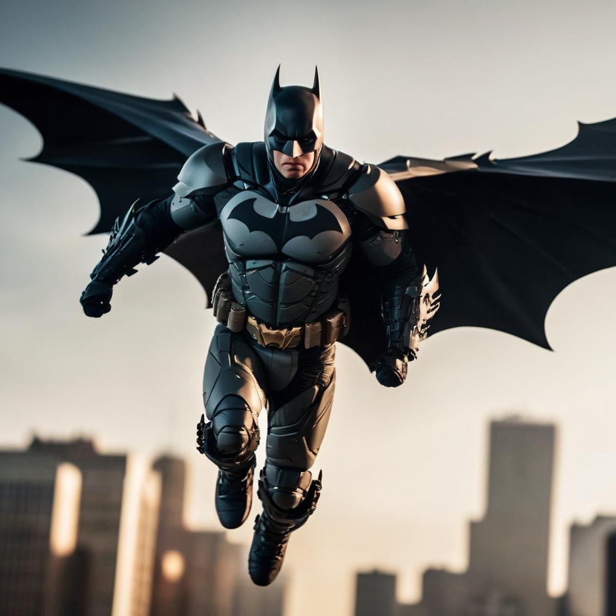 cinematic film still of  <lora:batman cyborg:1>batman cyborg a cyborg exoskeleton batman flying through the air with a futuristic tactical bat wings in the year 2042, shallow depth of field, vignette, highly detailed, high budget, bokeh, cinemascope, moody, epic, gorgeous, film grain, grainy