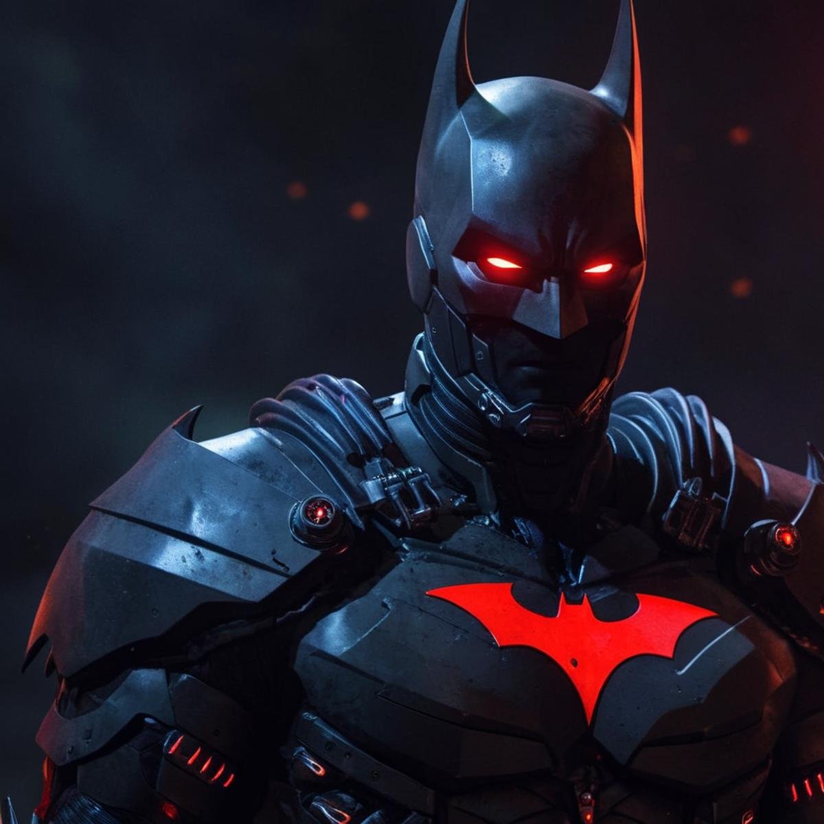 Dark Fantasy Art of  <lora:batman cyborg:1>batman cyborg a close up of a dark batman cyborg exoskeleton with a red eye in the year 2042, dark, moody, dark fantasy style