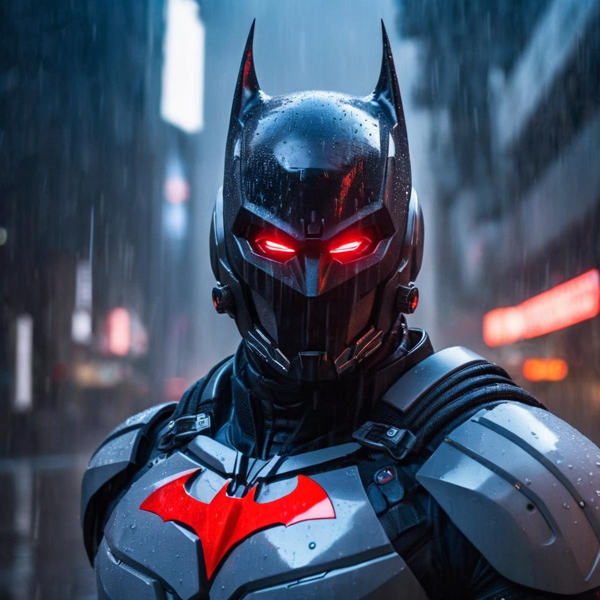 futuristic style,  <lora:batman cyborg:1>batman cyborg a man in a cyborg exoskeleton  helmet and red eyes stands in the rain in the year 2042, sleek, modern, ultramodern, high tech, detailed