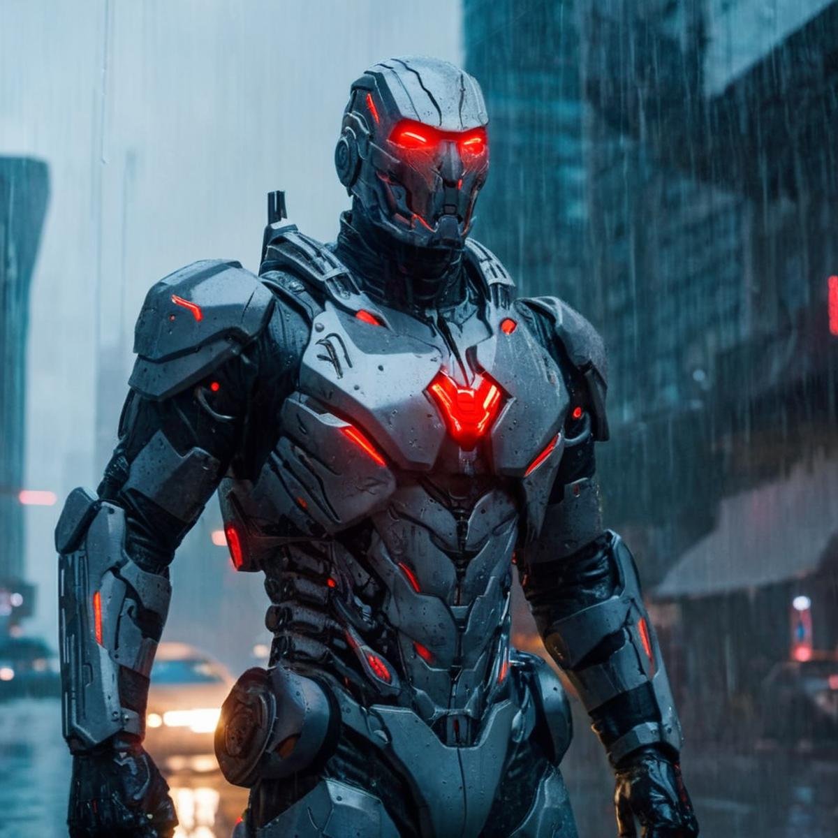 <lora:batman cyborg:1>batman cyborg a man in a cyborg exoskeleton costume standing in the rain with glowing red eyes in the year 2042