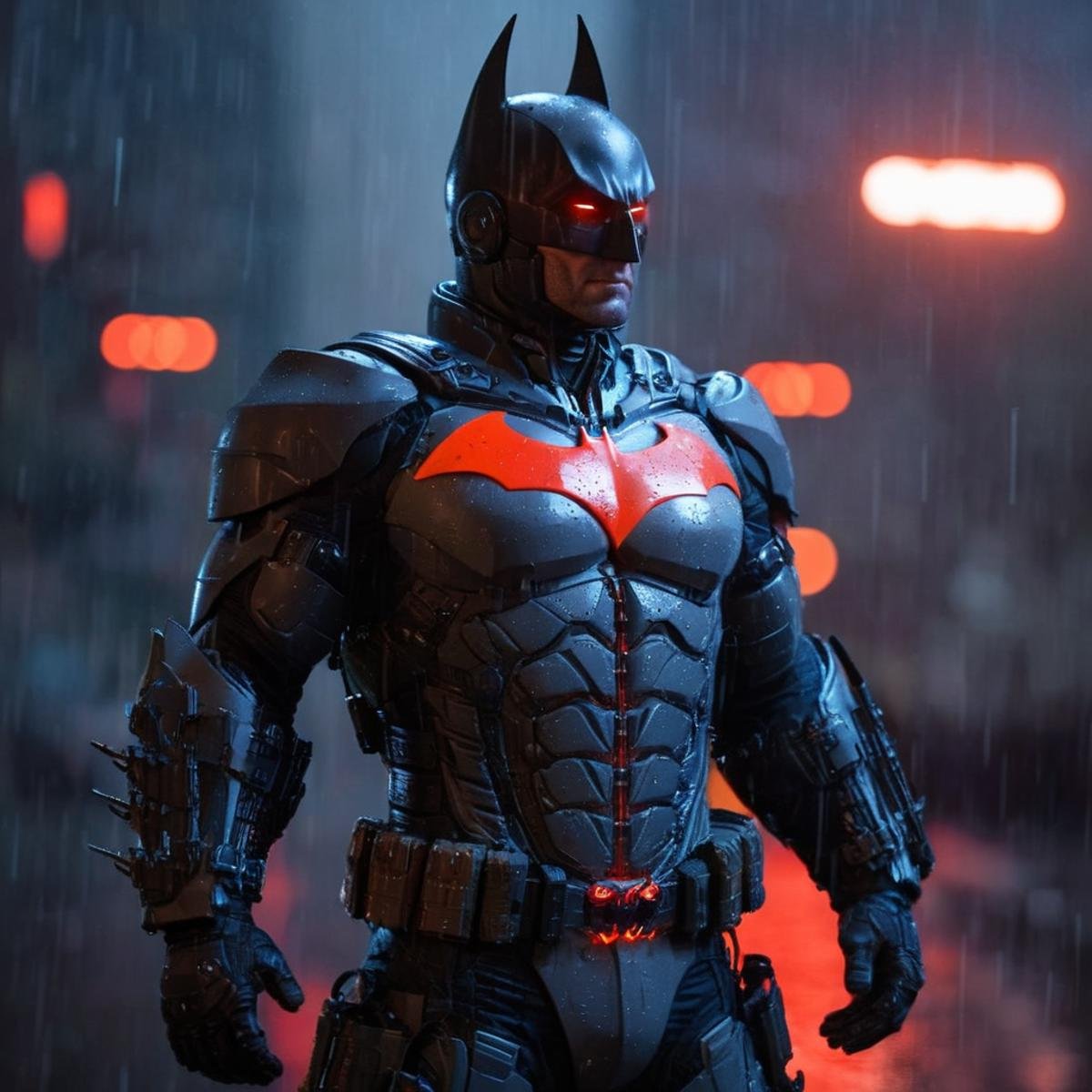 professional 3d model of  <lora:batman cyborg:1>batman cyborg a man in a cyborg exoskeleton costume standing in the rain with glowing red eyes in the year 2042, octane render, highly detailed, volumetric, dramatic lighting