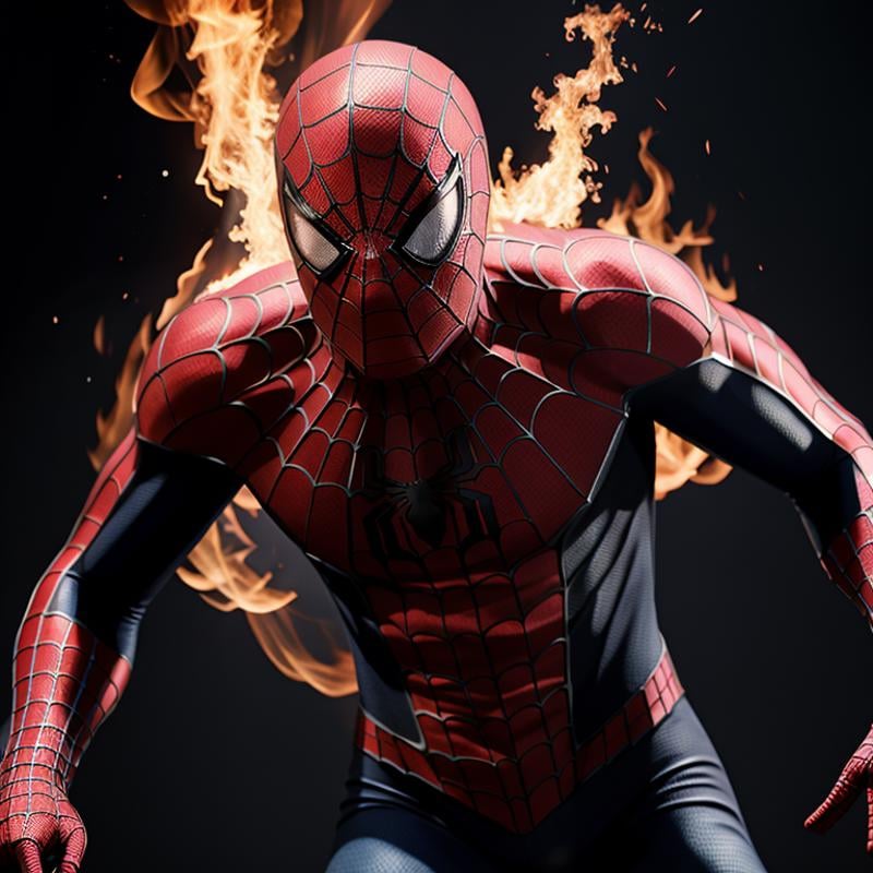 Hyperrealistic art of  <lora:Spiderman SD1.5:1.2>Spider-Man a man in a spider - man suit is surrounded by fire, Extremely high-resolution details, photographic, realism pushed to extreme, fine texture, incredibly lifelike