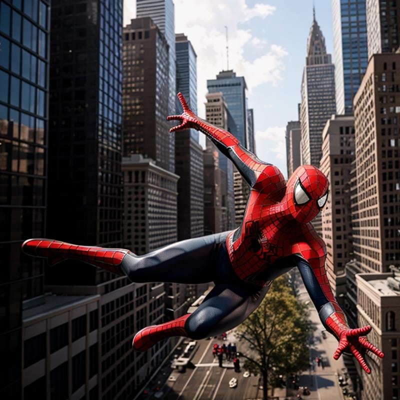 Hyperrealistic art of  <lora:Spiderman SD1.5:1.2>Spider-Man a spider - man flying through the air in front of a city, Extremely high-resolution details, photographic, realism pushed to extreme, fine texture, incredibly lifelike