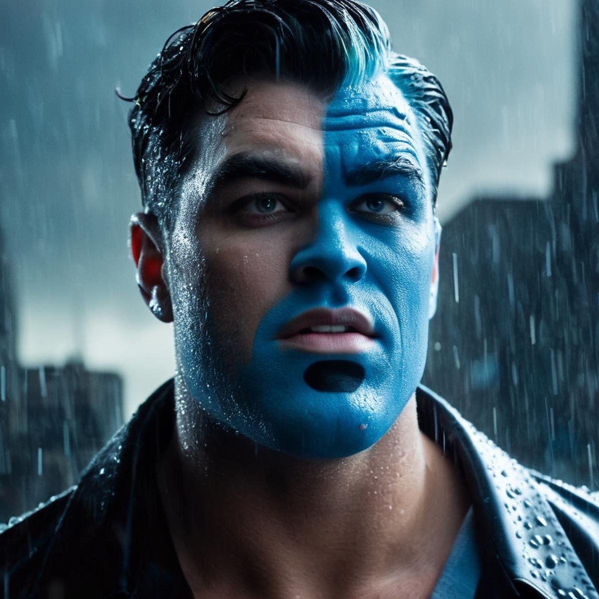 cinematic film still of Two-Face a closeup on man with a blue side of face in rain and thunder in background window in Got...