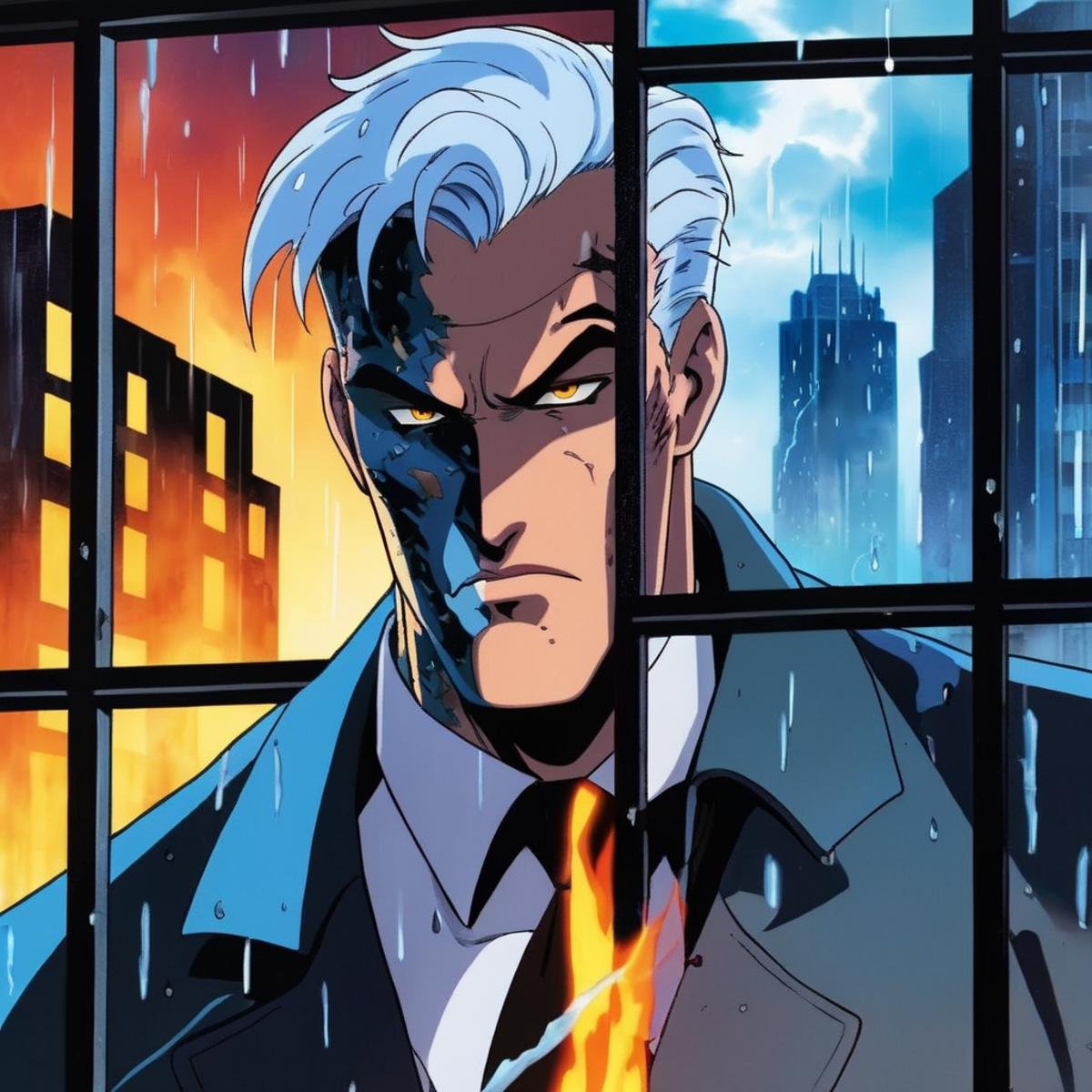 anime artwork of Two-Face a closeup on man with a burned one side of face in rain and thunder in background window in Goth...