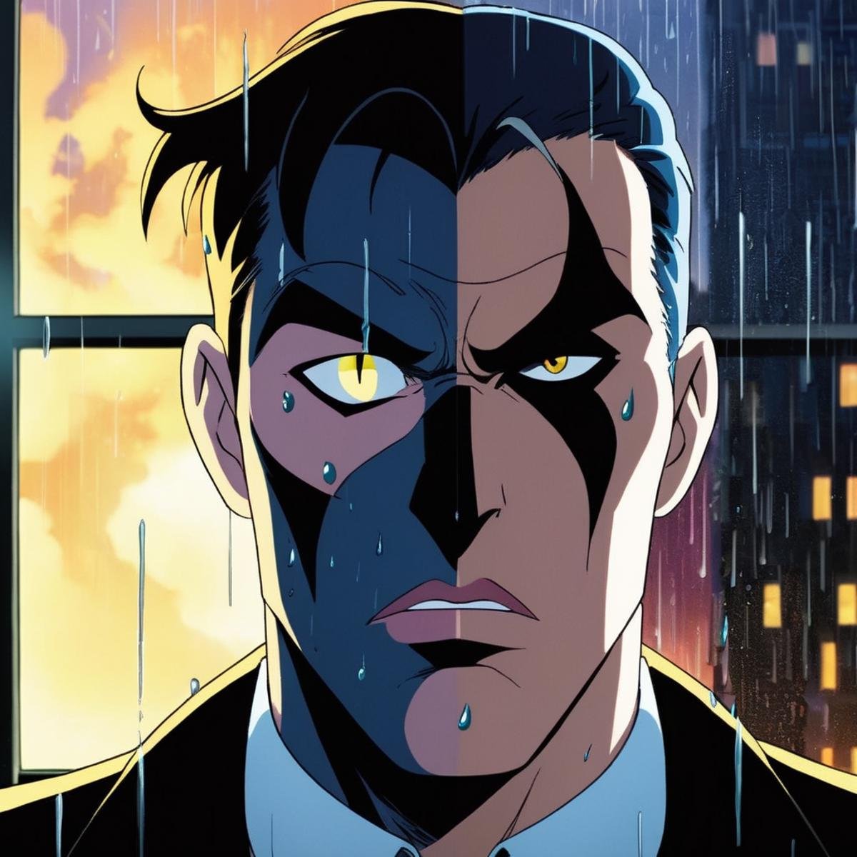 anime artwork of Two-Face a closeup on a man with a weird face and a weird nose with rain and thunder in background window...