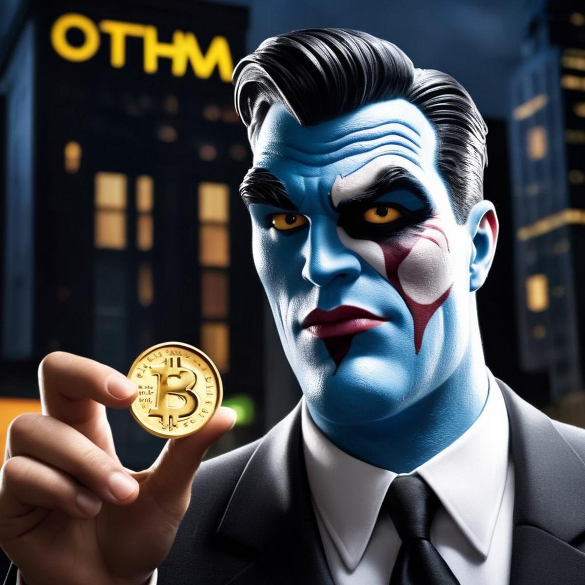 Hyperrealistic art of Two-Face a cartoon character dressed in a suit and tie with a flip coin in Gotham city universe,  Ex...