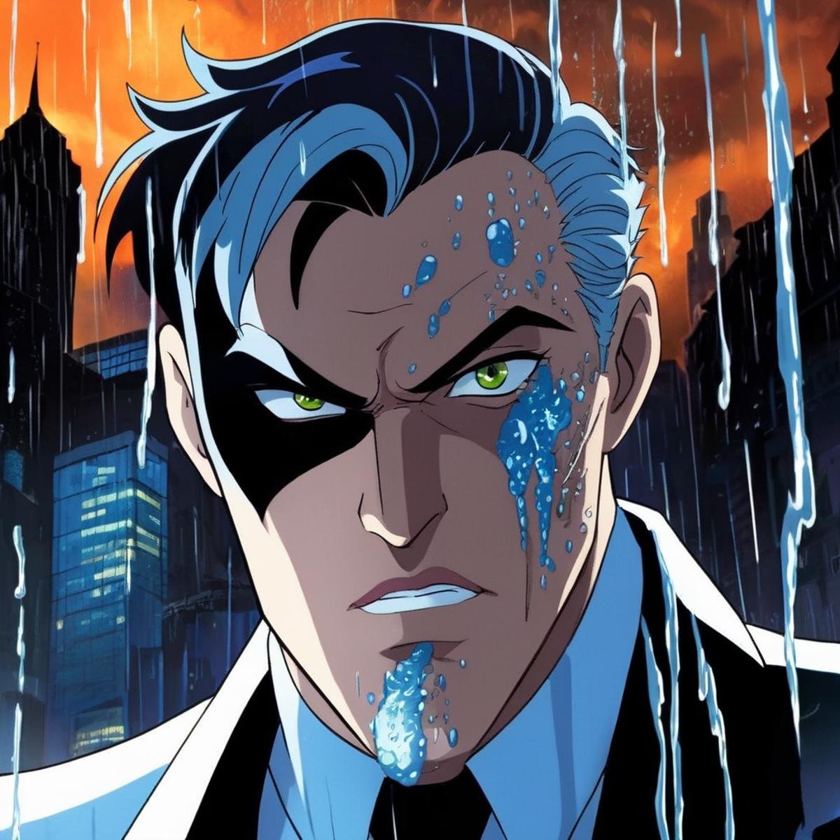 anime artwork of Two-Face a closeup on a man with a sided face and a weird nose with rain and thunder in background window...
