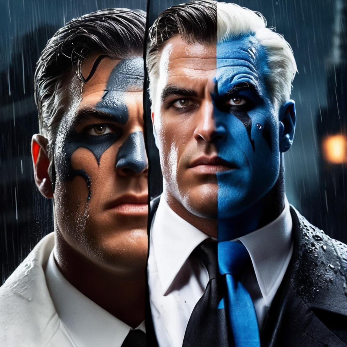 Hyperrealistic art of Two-Face a closeup on man with a burned one side of face in rain and thunder in background window in...