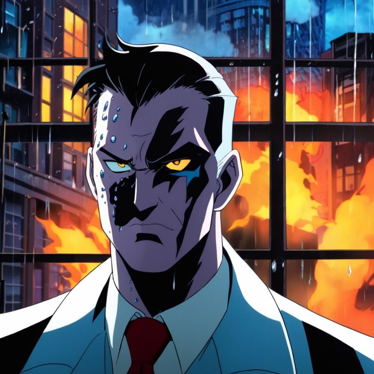 anime artwork of Two-Face a closeup on a man with a burned one side of face in rain and thunder in background window in Go...