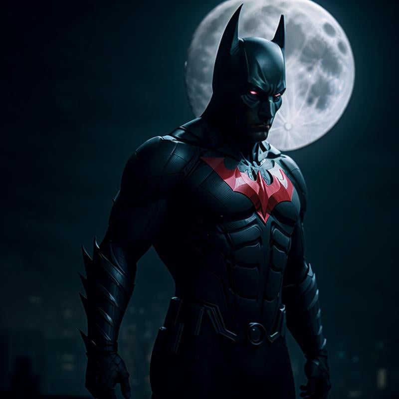 cinematic film still of Batman Beyond a man in a stealth dark batman costume standing in front of a full moon,  shallow de...