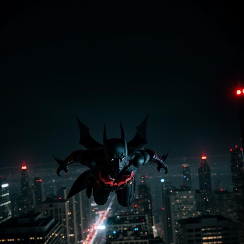 cinematic film still of  <lora:Batman Beyond SD1.5:1.2>Batman Beyond a batman flying over a city at night, shallow depth of field, vignette, highly detailed, high budget, bokeh, cinemascope, moody, epic, gorgeous, film grain, grainy