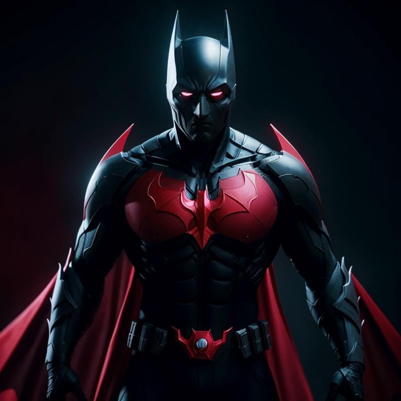 cinematic film still of  <lora:Batman Beyond SD1.5:1.2>Batman Beyond a man in a futuristic red costume standing in front of a black background, shallow depth of field, vignette, highly detailed, high budget, bokeh, cinemascope, moody, epic, gorgeous, film grain, grainy