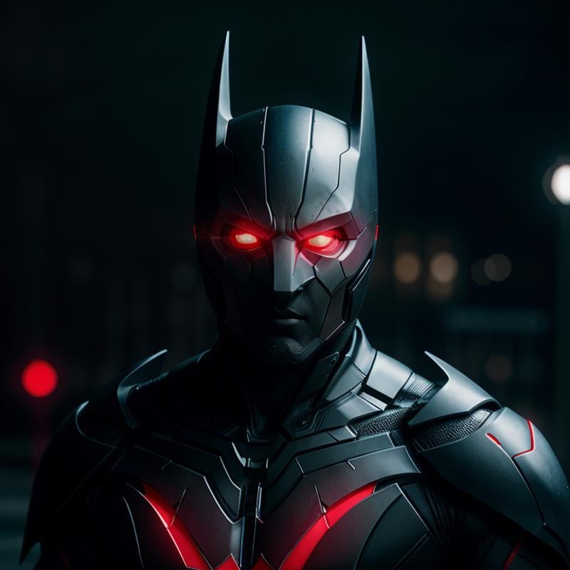 cinematic film still of  <lora:Batman Beyond SD1.5:1.2>Batman Beyond a man in a futuristic helmet and red glowing eyes stands in the rain, shallow depth of field, vignette, highly detailed, high budget, bokeh, cinemascope, moody, epic, gorgeous, film grain, grainy