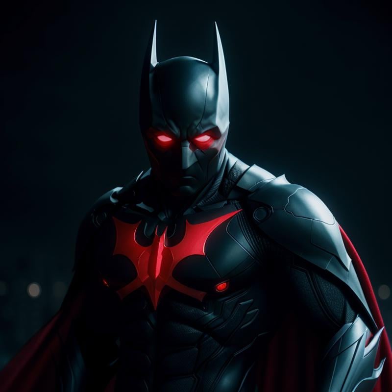 cinematic film still of  <lora:Batman Beyond SD1.5:1.2>Batman Beyond a batman with a red and blue cape and glowing eyes, shallow depth of field, vignette, highly detailed, high budget, bokeh, cinemascope, moody, epic, gorgeous, film grain, grainy