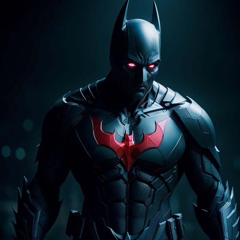 cinematic film still of  <lora:Batman Beyond SD1.5:1.2>Batman Beyond a close up of a futuristic batman costume with a dark background, shallow depth of field, vignette, highly detailed, high budget, bokeh, cinemascope, moody, epic, gorgeous, film grain, grainy