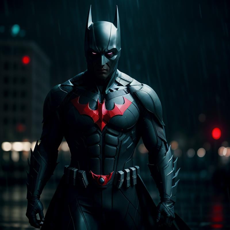 cinematic film still of  <lora:Batman Beyond SD1.5:1.2>Batman Beyond a man in a futuristic batman costume standing in the rain, shallow depth of field, vignette, highly detailed, high budget, bokeh, cinemascope, moody, epic, gorgeous, film grain, grainy