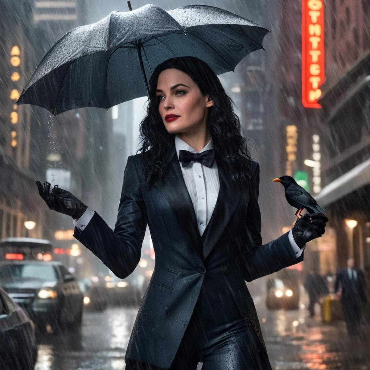 Hyperrealistic art of Zatanna a woman in a tuxedo holding a bird in rain In Gotham City Universe,  Extremely high-resoluti...