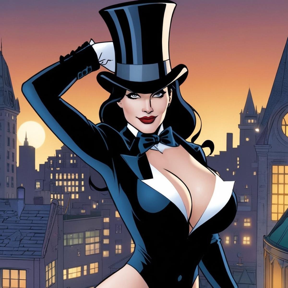 breathtaking,  Zatanna a cartoon of a naked breasts woman with a top hat and a top big breasts In Gotham City Universe,  a...