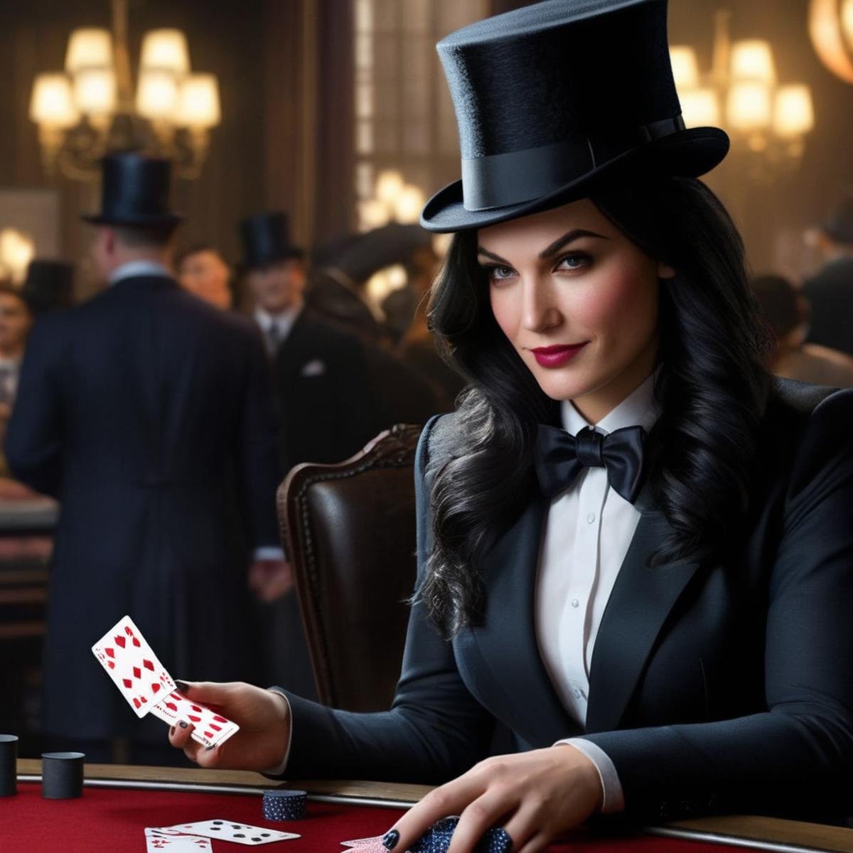 Hyperrealistic art of Zatanna a woman with a top hat and playing cards In Gotham City Universe,  Extremely high-resolution...