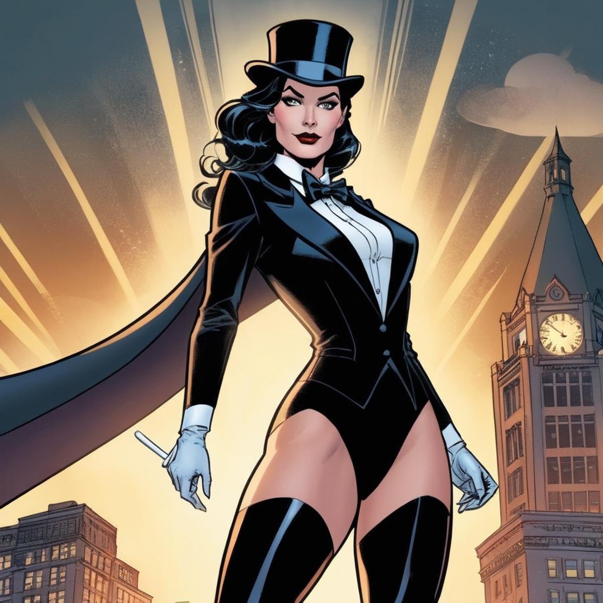 comic book art of Zatanna a woman dressed in a tuxedo and a cape In Gotham City Universe,  comic art,  graphic novel illus...