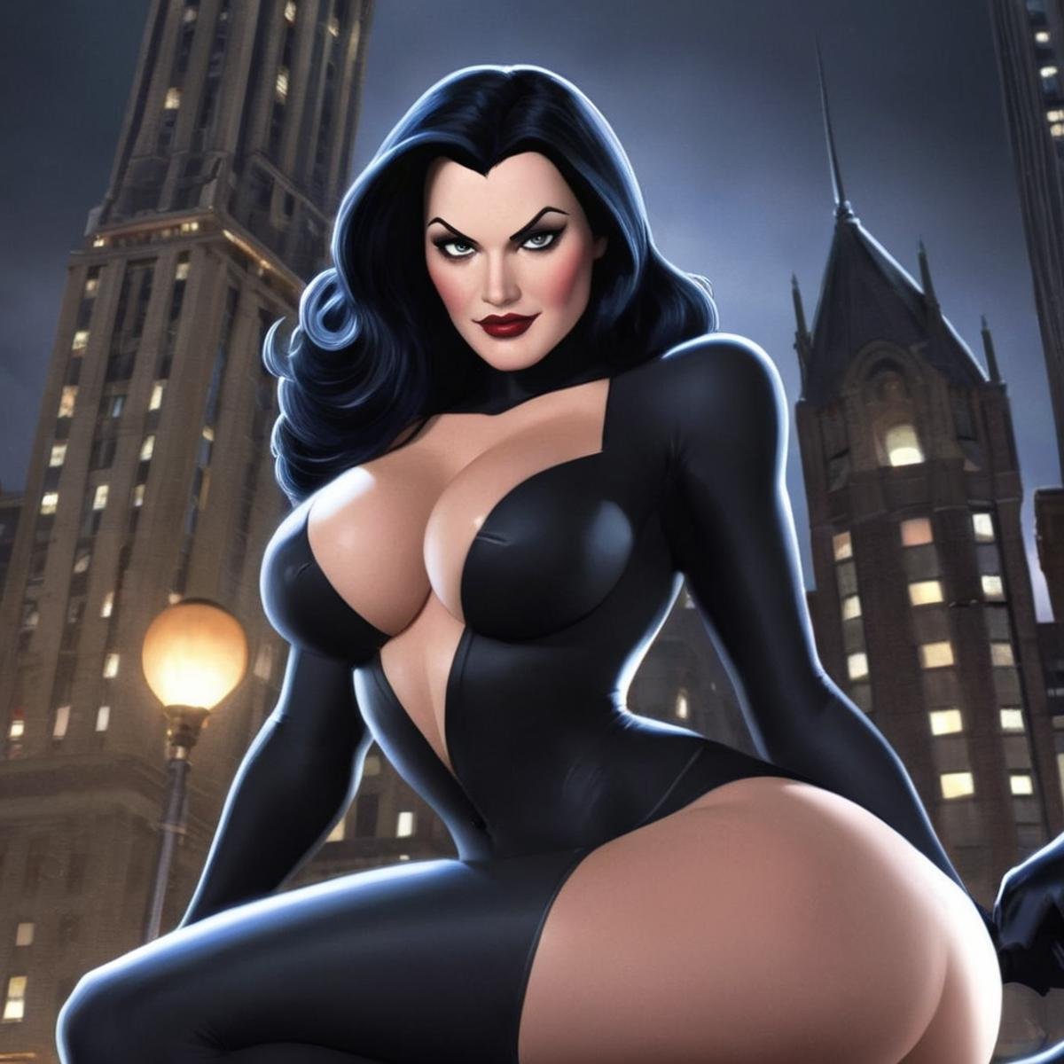Hyperrealistic art of Zatanna a cartoon naked breasts woman with big boobs is naked In Gotham City Universe,  Extremely hi...