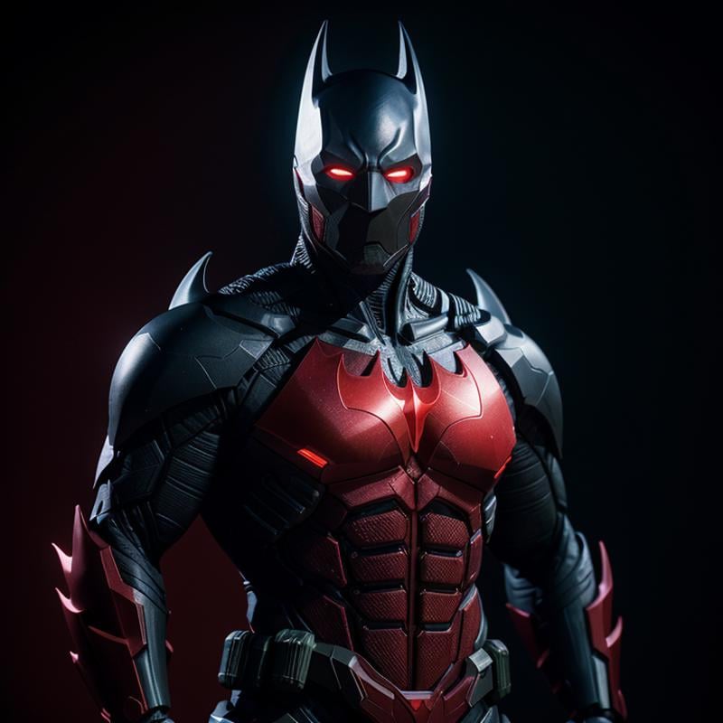 cinematic film still of  <lora:batman cyborg SD1.5:1.2>batman cyborg a man in a red costume standing in front of a black background, shallow depth of field, vignette, highly detailed, high budget, bokeh, cinemascope, moody, epic, gorgeous, film grain, grainy