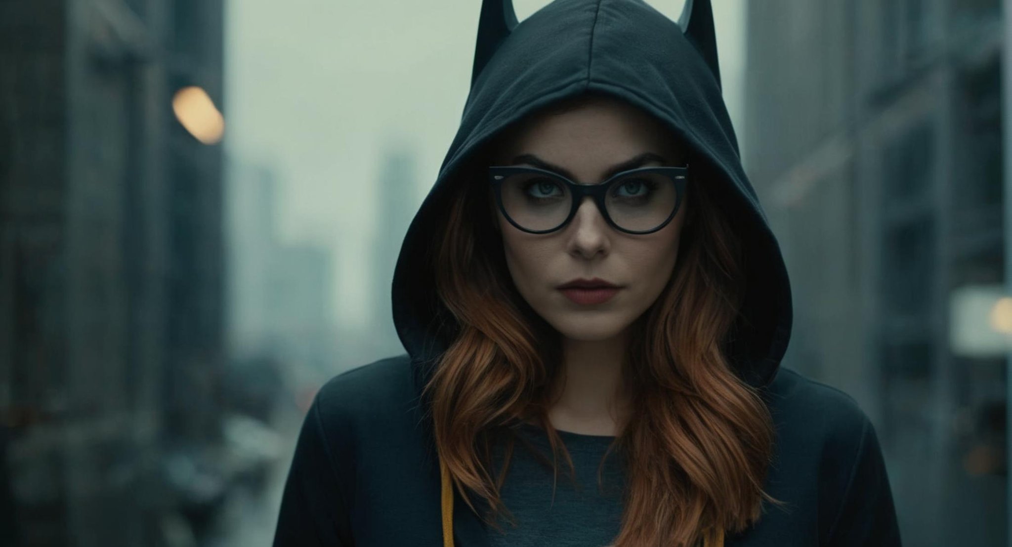 Dark Fantasy Art of (Cinematic Film stock footage style) in (arri alexa style) (Kodak film print style),  Batgirl a woman...